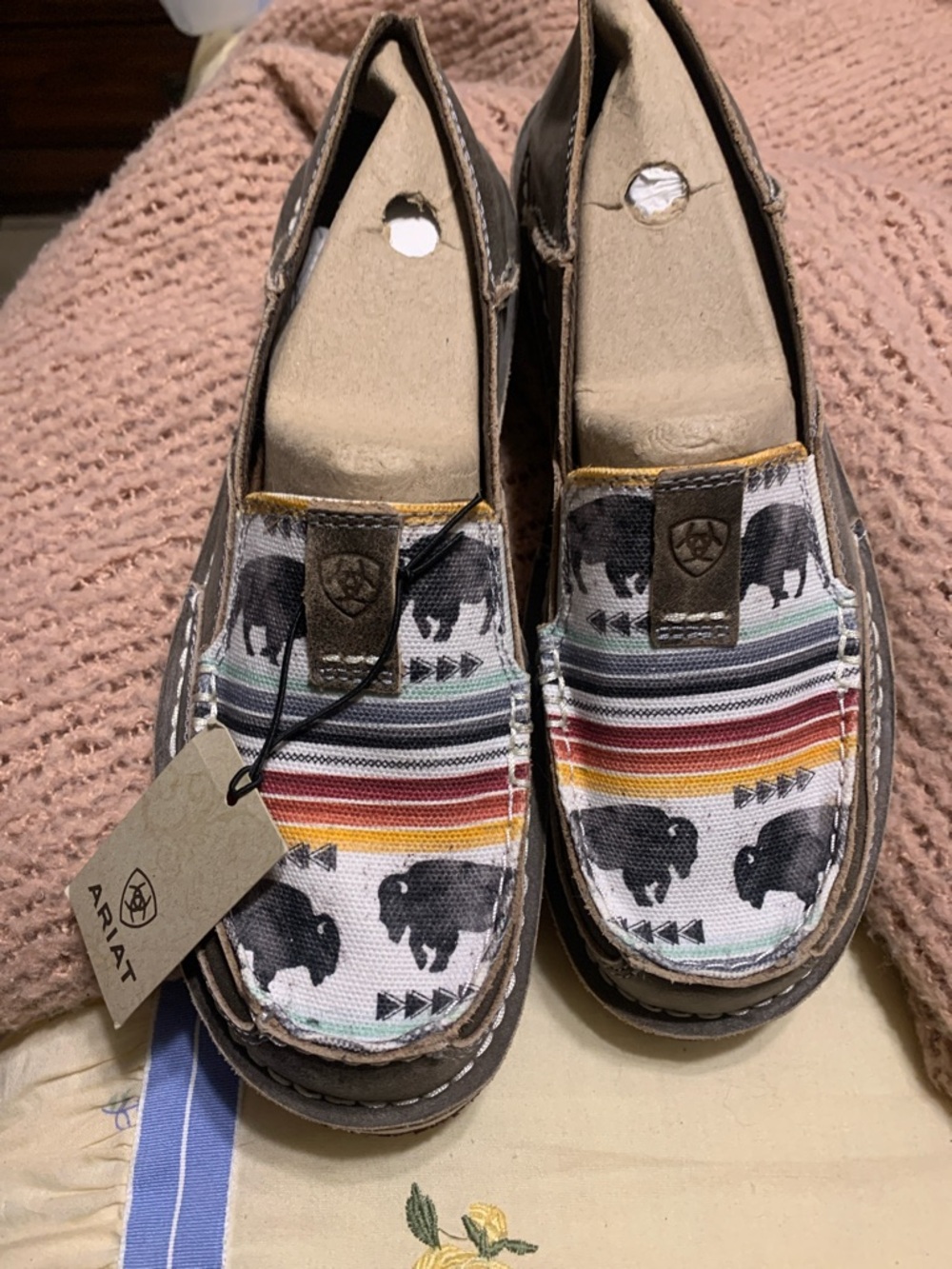 Ariat Women’s Multi Buffalo Print Slip-On Moccasins with Brown Trim